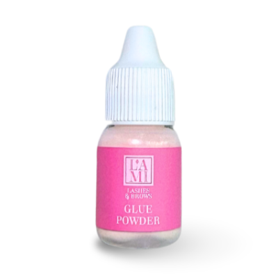 Frasco pequeno de cola em pó com etiqueta rosa e tampa branca