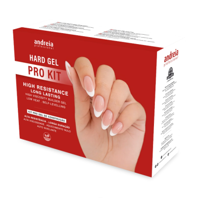 Embalagem do Hard Gel Pro Kit Andreia Professional com imagem de unhas alongadas e texto do produto