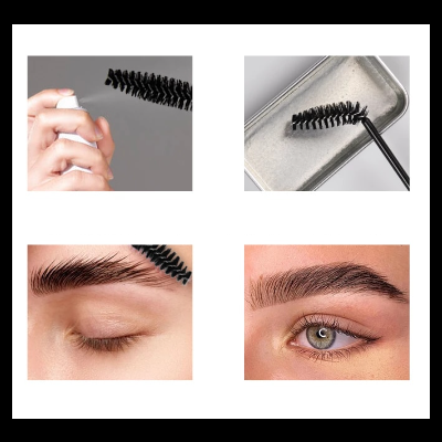 Aplicador de máscara para pestanas preto com cerdas e aplicação em sobrancelhas em fundo neutro