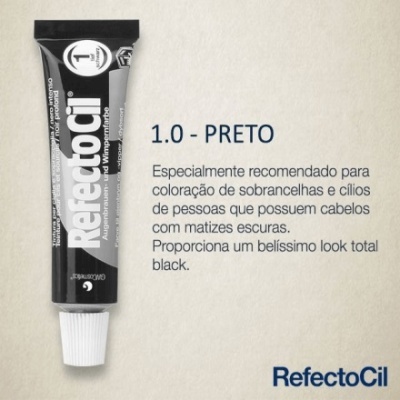 Tubo preto de coloração RefectoCil 1.0 Preto com texto informativo ao lado em fundo bege