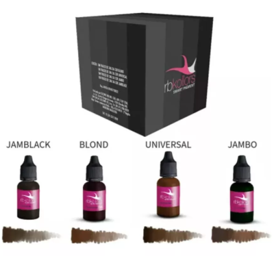 Frascos pequenos de tinta para sobrancelhas rbkolors nas cores Jamblack, Blond, Universal e Jambo