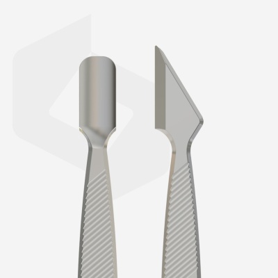 Dois instrumentos cirúrgicos metálicos com cabo texturizado e diferentes pontas sobre fundo cinzento claro.