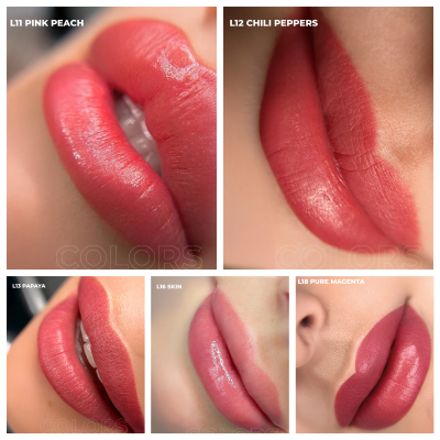 Detalhe de lábios com batons em tons rosa e vermelhos, cada um identificado por texto branco sobreposto com os nomes das cores.