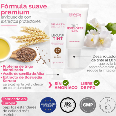 Dois tubos brancos de tintura de sobrancelhas com ingredientes naturais e texto promocional