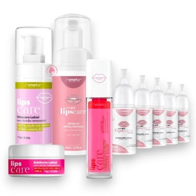 Produtos Smartgr para cuidado dos lábios em embalagens brancas e rosa.