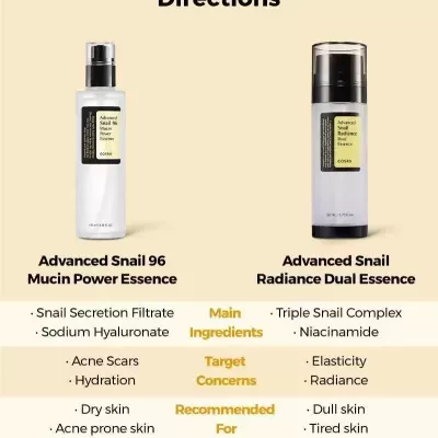 Produtos COSRX Advanced Snail 96 Mucin Power Essence e Advanced Snail Radiance Dual Essence com descrições de ingredientes e indicações.