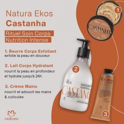 Produtos Natura Ekos Castanha esfoliante corporal, loção hidratante e creme de mãos