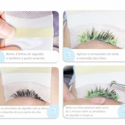 Passos para aplicar removedor de extensões de cílios com almofadas de algodão