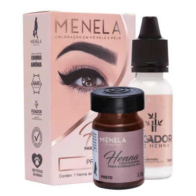 Kit coloração para sobrancelhas Menela com Henna preta e fixador em embalagem rosa claro