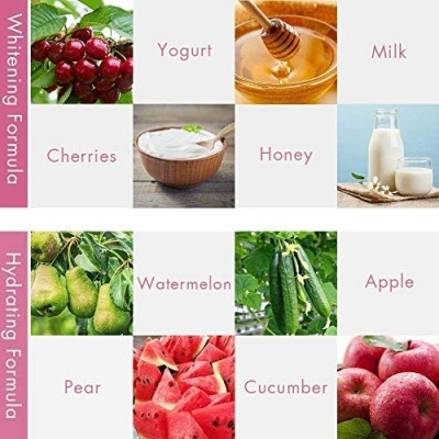 Ingredientes naturais para fórmulas de branqueamento e hidratação, incluindo frutas e laticínios