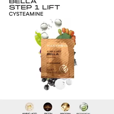 Embalagem Maxymova Step 1 Lift BELLA CYSTEAMINE 1 ml com gotas de líquido e frutos