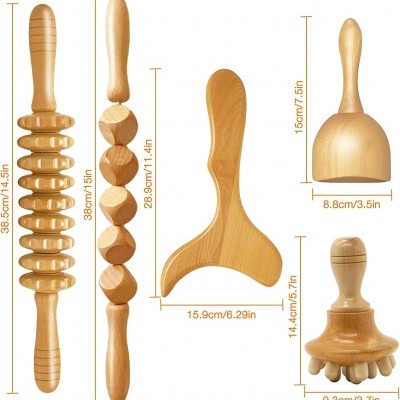 Conjunto de utensílios de cozinha em madeira com medidas indicadas.