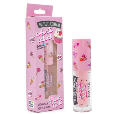 Óleo labial Fresa Nata da The Fruit Company em embalagem rosa com desenhos de doces