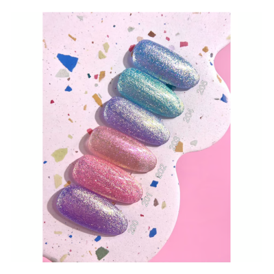 Amostras de verniz de unhas com brilhos em seis cores diferentes