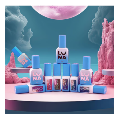 Conjunto de vernizes LUNA em pedestal rosa com fundo celeste e lua cor-de-rosa