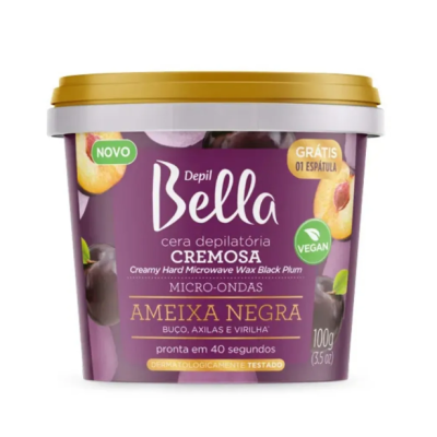 Embalagem de cera depilatória cremosa Depil Bella ameixa negra com tampa amarela
