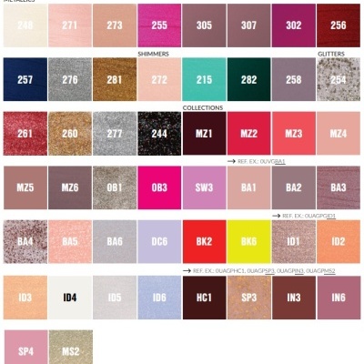 Tabela de cores para produtos com várias categorias e códigos de cores.