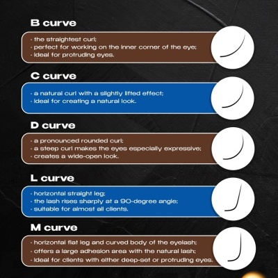 Gráfico com diferentes tipos de curvas de pestanas e suas descrições em inglês, em fundo preto.