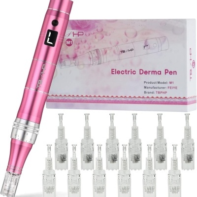 Caneta elétrica Derma Pen rosa com agulhas e caixa white