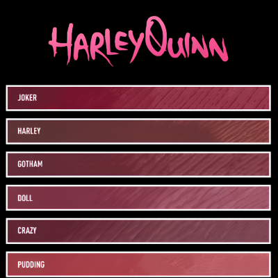 Paleta de cores com nomes relacionados a Harley Quinn em retângulos coloridos