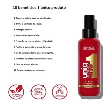 Frasco vermelho do produto Revlon Professional Uniq One com texto promocional em português.