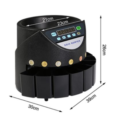 Máquina eletrónica preta para separação de moedas com visor e cinco compartimentos