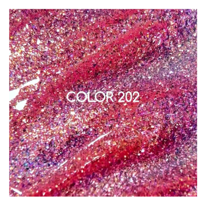 Verniz ou glitter brilhante rosa e vermelho com texto 'COLOR 202'.