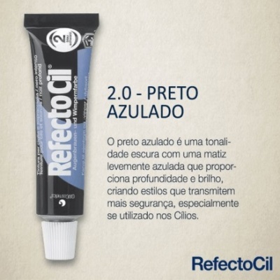 Tubo de RefectoCil 2.0 Preto Azulado com descrição do produto em fundo bege