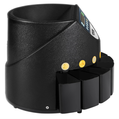 Dispositivo preto para contagem de moedas com compartimentos rotativos e etiquetas numéricas.