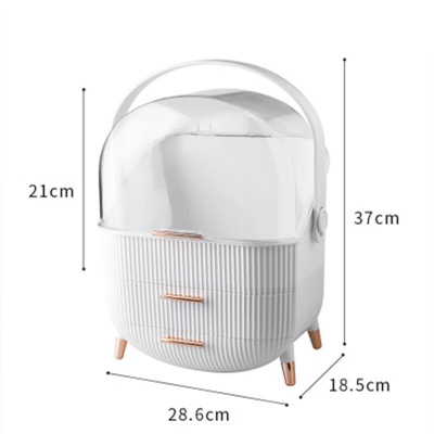 Organizador plástico branco com tampa transparente e três gavetas com puxadores dourados.