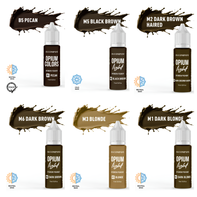 Frascos de tinta para sobrancelhas em várias cores com gotas de tinta ao fundo