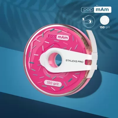 Rolo de papel abrasivo rosa com suporte branco e texto 'STALEKS PRO', 'pap mAm' e '150 grit'