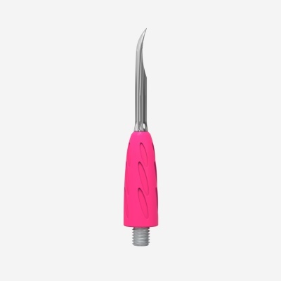 Ferramenta com lâmina metálica curva e punho rosa
