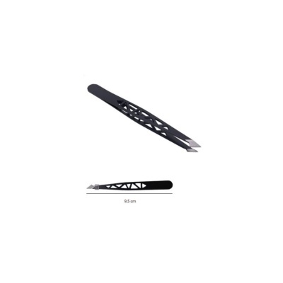 Pinça preta para sobrancelhas com design recortado sobre fundo branco