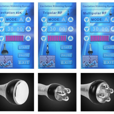 Painéis azuis de controle de sistema de emagrecimento com botões e aparelhos metálicos esféricos