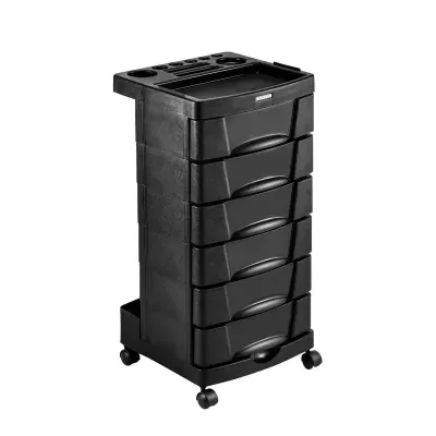 Carrinho organizador preto com seis gavetas e rodas