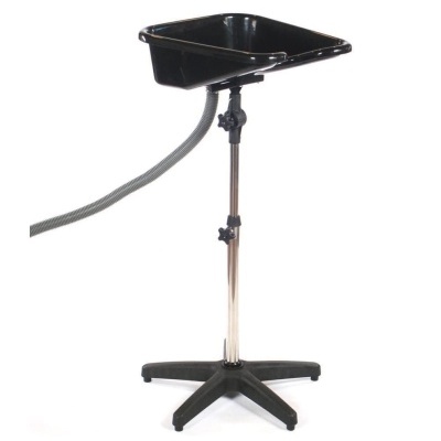 Lavatório portátil para salão de cabeleireiro em plástico preto com suporte metálico regulável