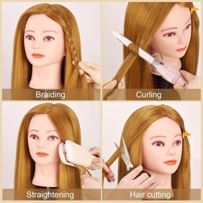 Cabeça de manequim loira a demonstrar trança, modelação com ferro, alisamento e corte de cabelo