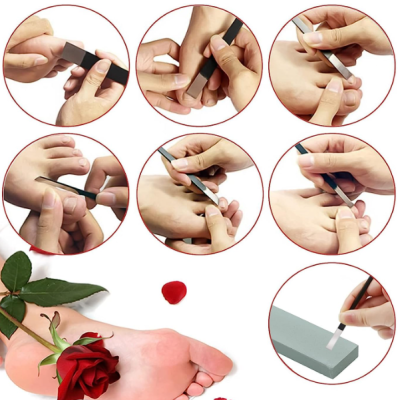 Tratamento de pés com lixa de unha e faca de cutícula junto a um pé e uma rosa