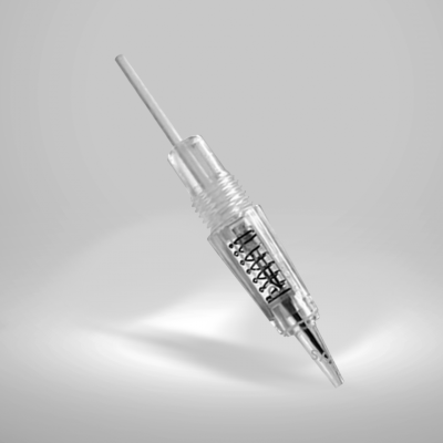 Agulha para máquina de tatuagem em plástico transparente com mola à vista