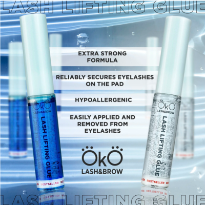 Colas para levantamento de pestanas ÖKO LASH&BROW em frascos azul e transparente com tampa branca