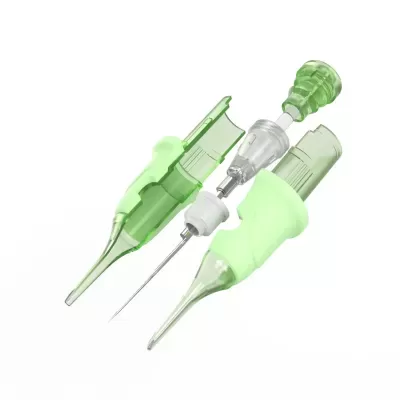 Agulha médica fina com capa protetora verde