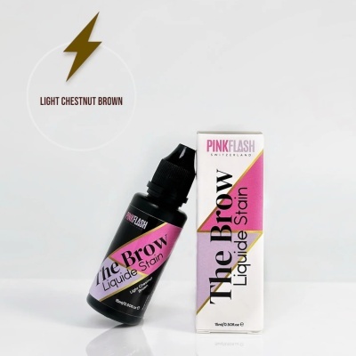 Frasco preto e caixa de The Brow Liquide Stain da PINKFLASH em fundo branco