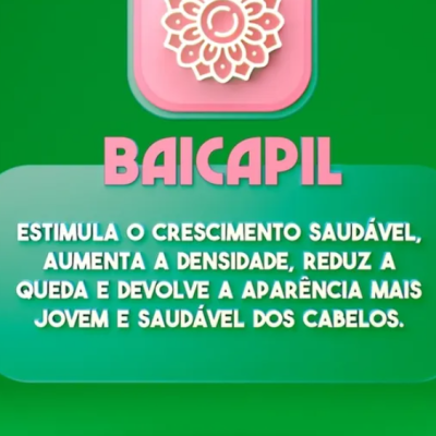 Texto descritivo sobre o produto BAICAPIL em fundo verde e rosa.