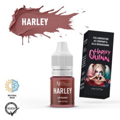 Pigmento labial HARLEY castanho rosado com embalagem preta e imagem Harley Quinn.