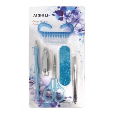 Conjunto de ferramentas para unhas AI SHI LI com seis peças em blister floral.