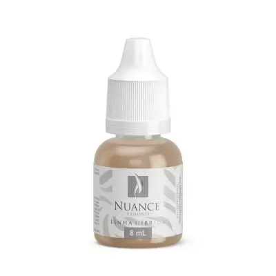 Frasco pequeno de pigmento líquido bege com tampa branca e etiqueta com texto Nuance Pigments Linha Híbrida 8 mL