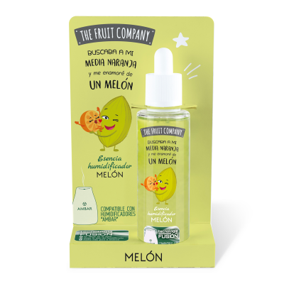 Essência humidificador Melón da The Fruit Company em frasco com conta-gotas e suporte amarelo com ilustrações