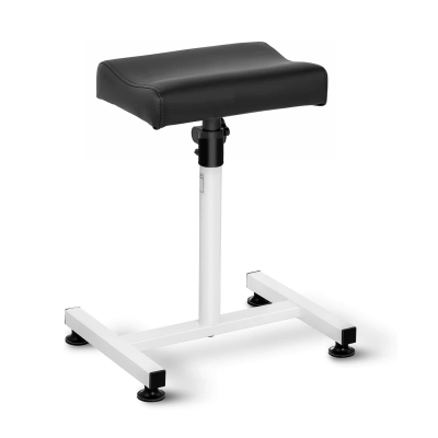 Banqueta com assento preto e base branca com quatro apoios