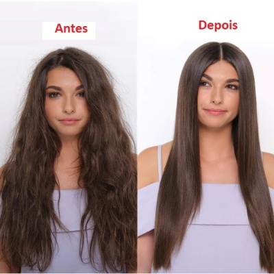 Mulher com cabelo encaracolado à esquerda e cabelo liso à direita para mostrar efeito Antes e Depois de tratamento